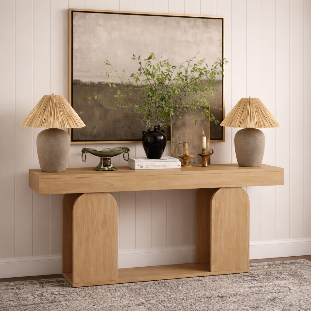 Modern Natural Wood Console Table With Arch-Shaped Base And Open Shelf For Living Room