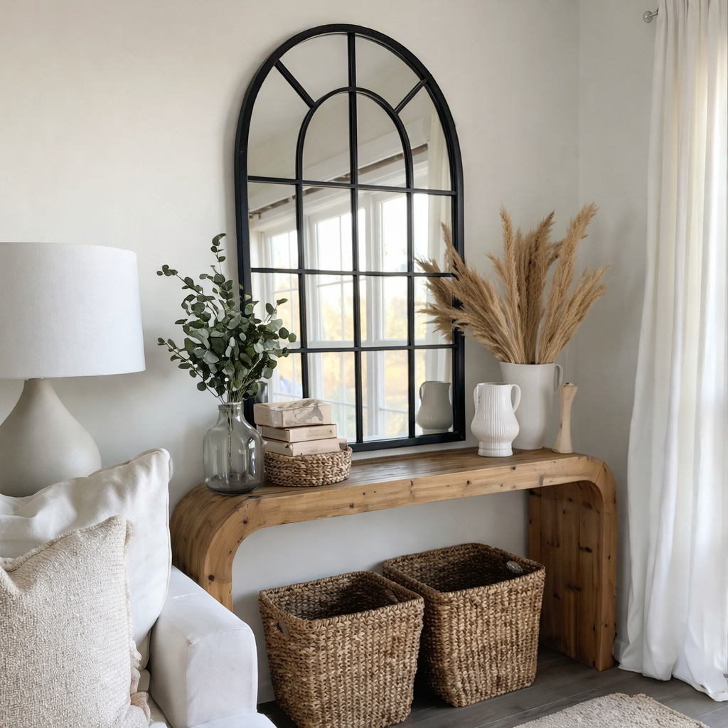 Modern Natural Wood Console Table With Arched Base And Open Storage For Living Room