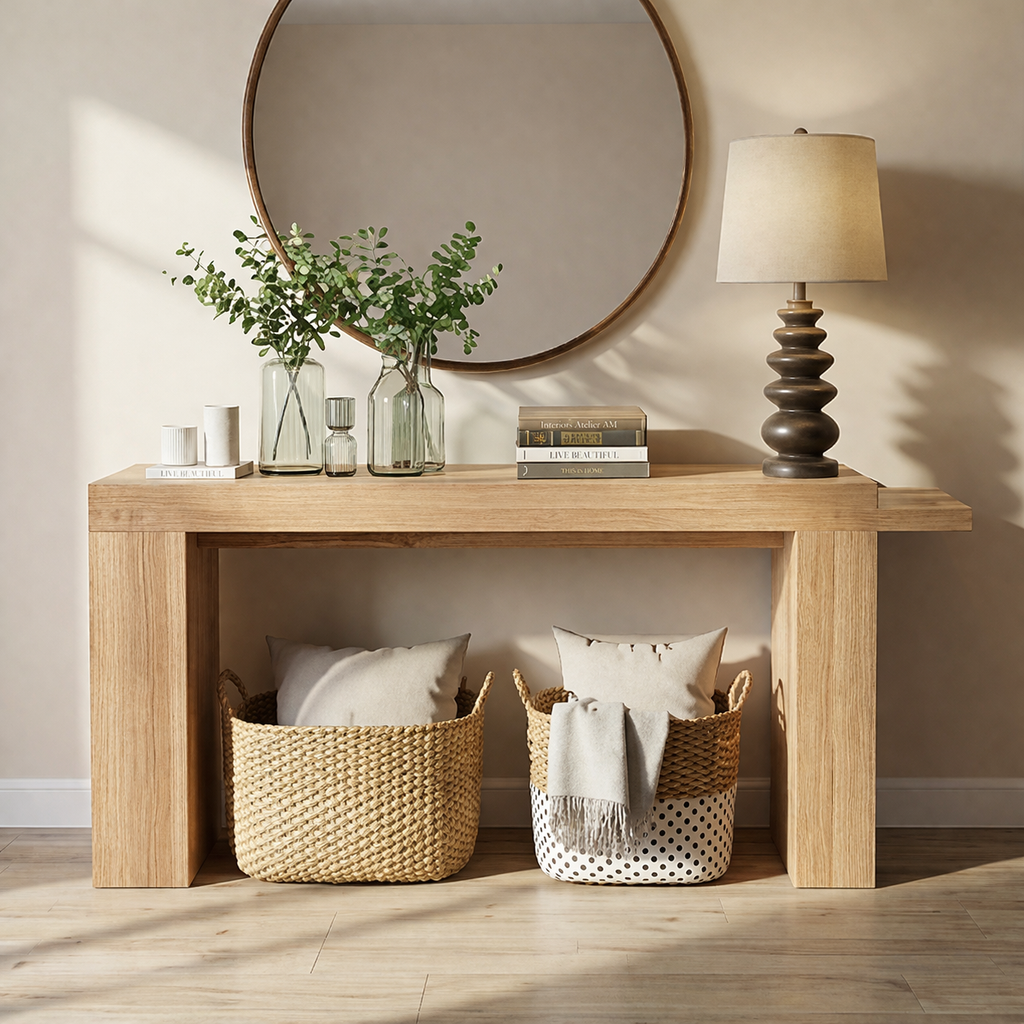 Modern Natural Wood Console Table With Clean Lines And Open Storage For Living Room