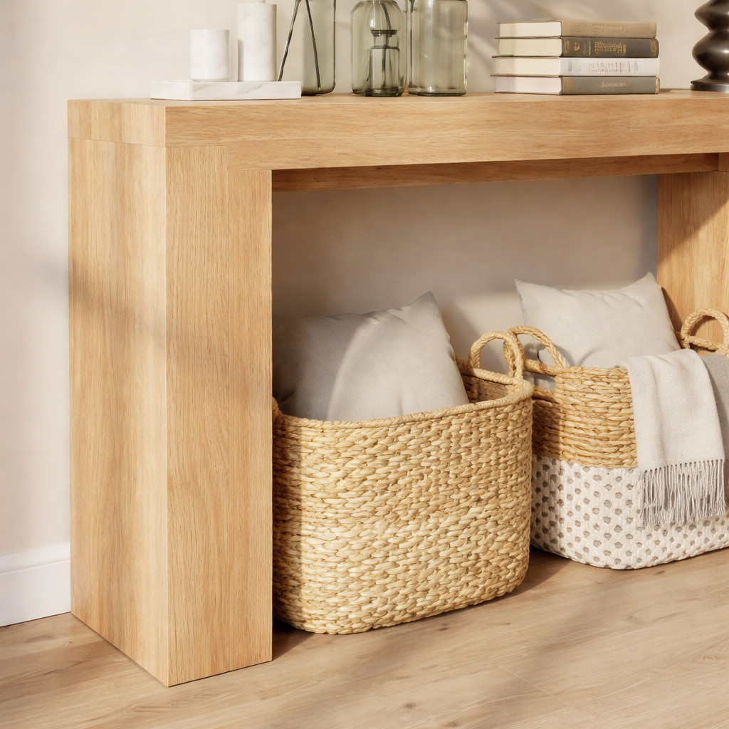 Modern Natural Wood Console Table With Clean Lines And Open Storage For Living Room