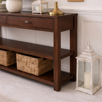 Modern Natural Wood Console Table With Drawers And Open Shelf For Living Room