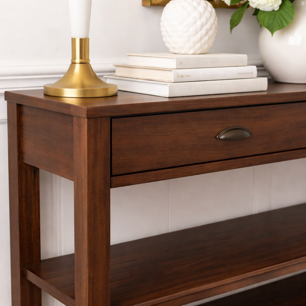 Modern Natural Wood Console Table With Drawers And Open Shelf For Living Room