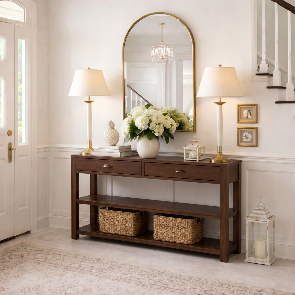 Modern Natural Wood Console Table With Drawers And Open Shelf For Living Room