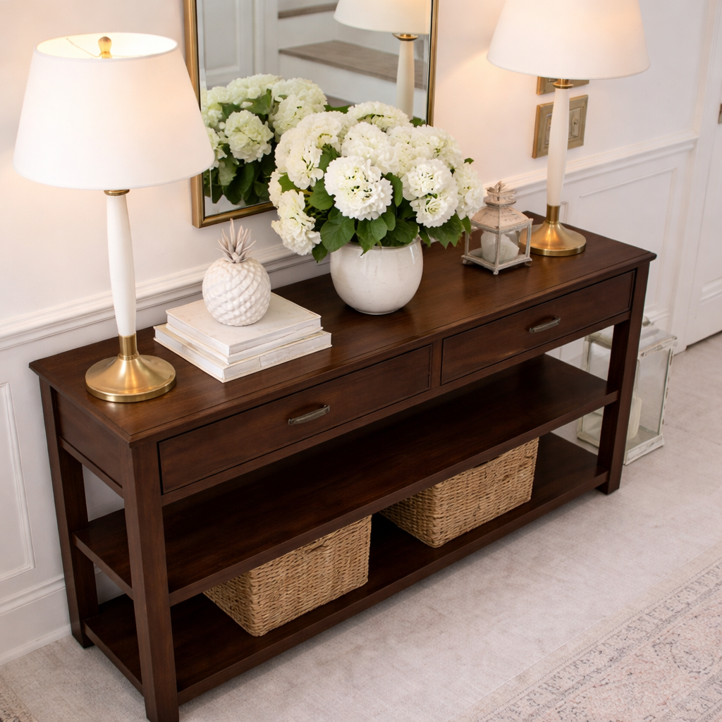 Modern Natural Wood Console Table With Drawers And Open Shelf For Living Room