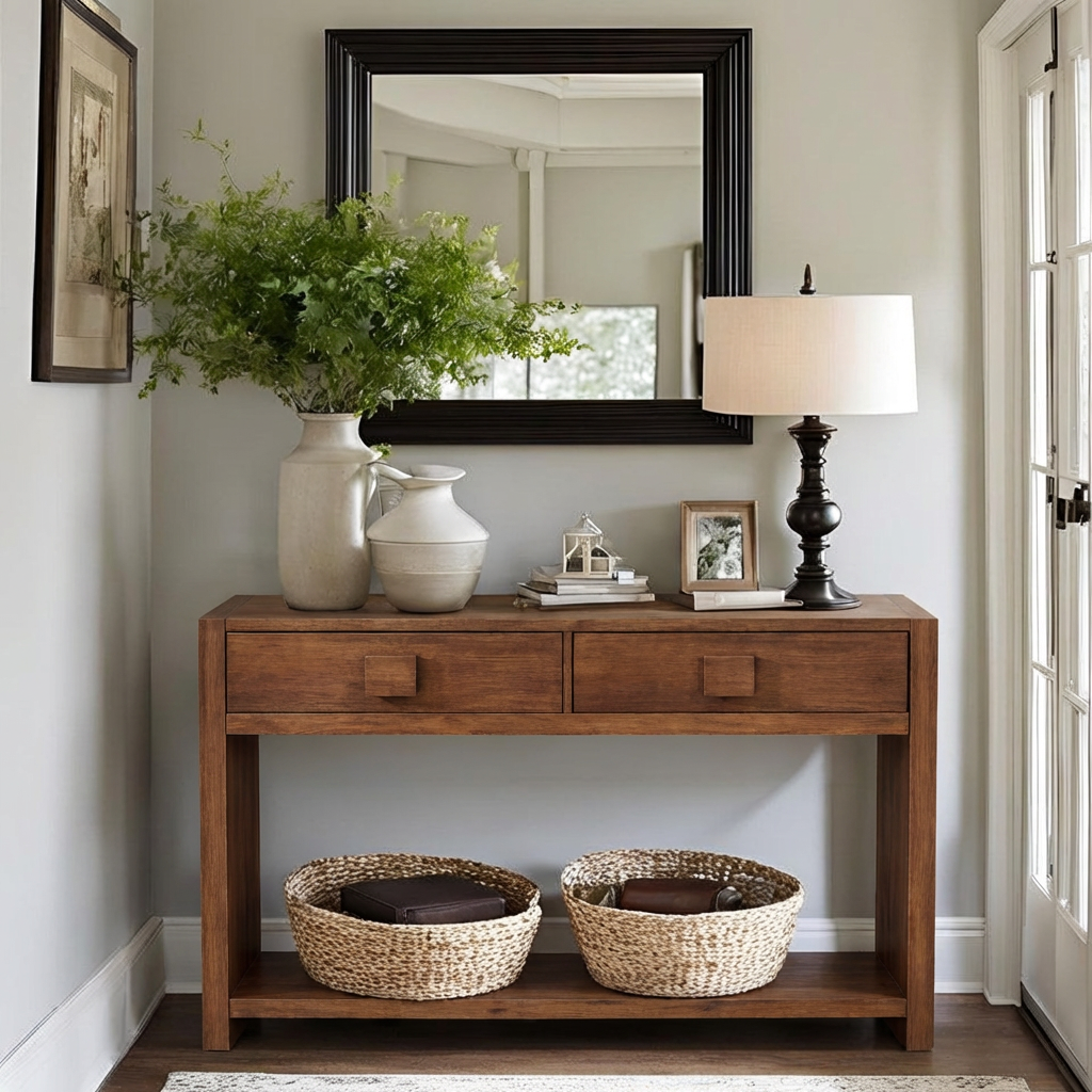 Modern Natural Wood Console Table With Elegant Drawers And Open Shelf For Living Room