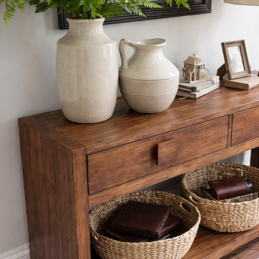 Modern Natural Wood Console Table With Elegant Drawers And Open Shelf For Living Room
