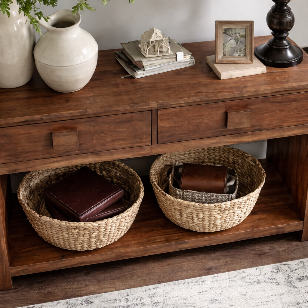 Modern Natural Wood Console Table With Elegant Drawers And Open Shelf For Living Room