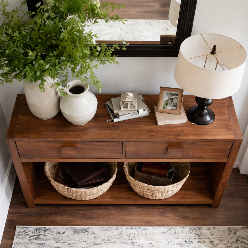 Modern Natural Wood Console Table With Elegant Drawers And Open Shelf For Living Room