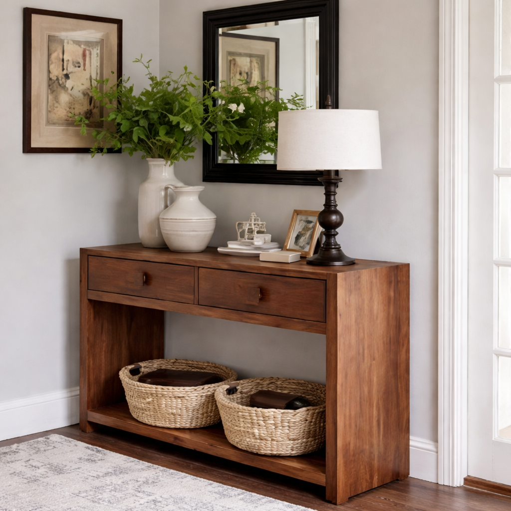 Modern Natural Wood Console Table With Elegant Drawers And Open Shelf For Living Room