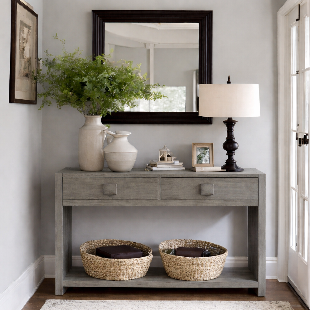 Modern Natural Wood Console Table With Elegant Drawers And Open Shelf For Living Room