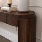 Modern Natural Wood Console Table With Fluted Columns And Drawers For Living Room