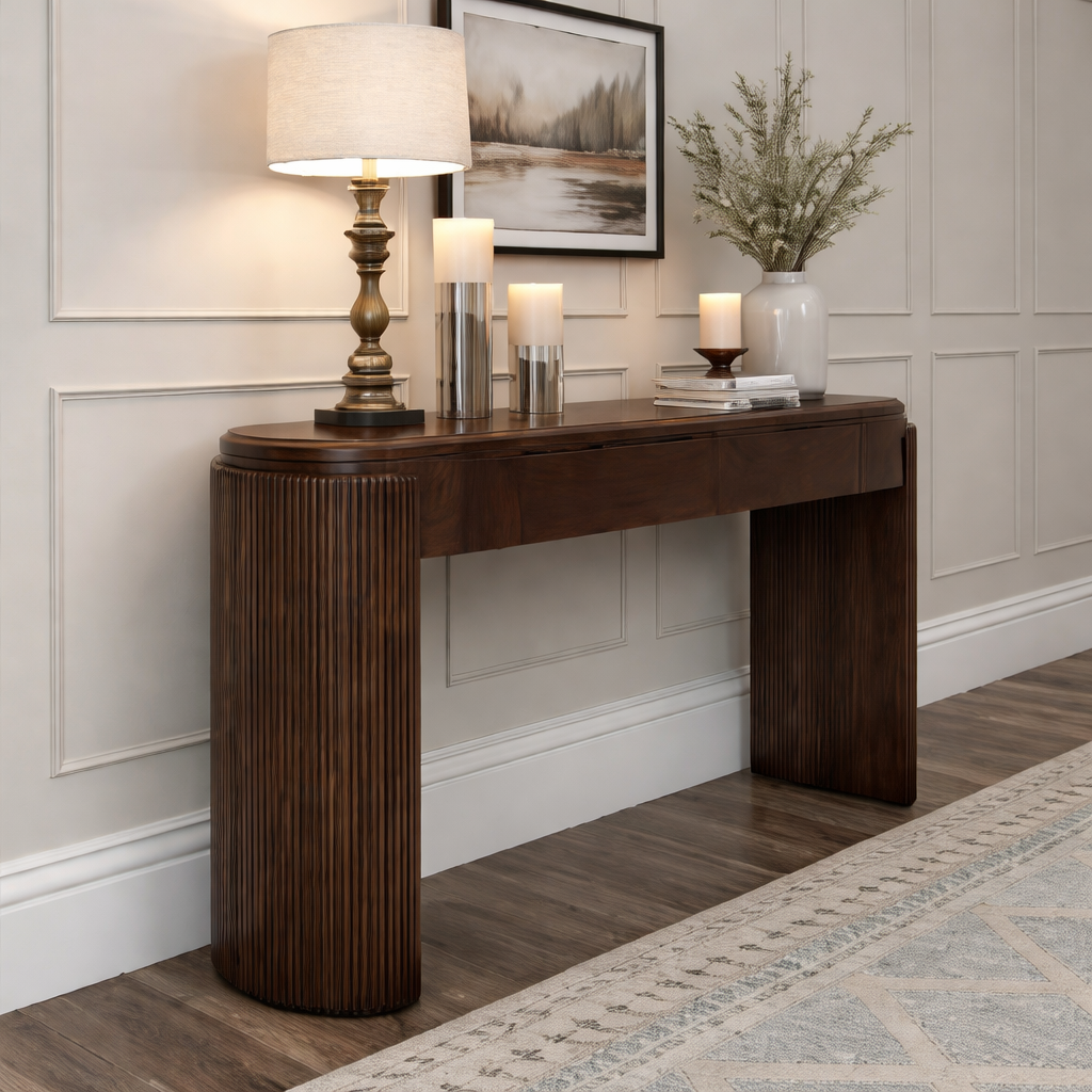 Modern Natural Wood Console Table With Fluted Columns And Drawers For Living Room