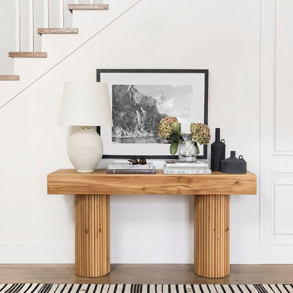 Modern Natural Wood Console Table With Fluted Columns And Open Storage For Living Room