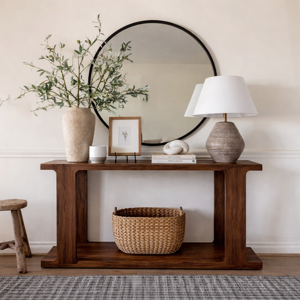 Modern Natural Wood Console Table With Open Shelf And Minimalist Design For Living Room