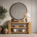 Modern Natural Wood Console Table With Open Shelves And Thick Frame For Living Room