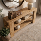 Modern Natural Wood Console Table With Open Shelves And Thick Frame For Living Room