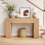 Modern Natural Wood Console Table With Ribbed Front And Open Storage For Living Room