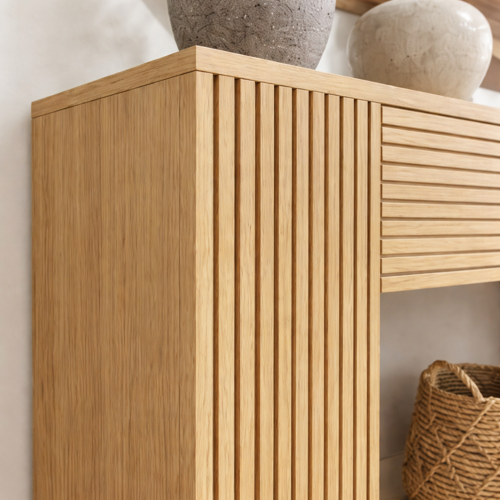 Modern Natural Wood Console Table With Ribbed Front And Open Storage For Living Room