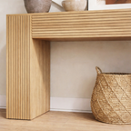 Modern Natural Wood Console Table With Ribbed Front And Open Storage For Living Room