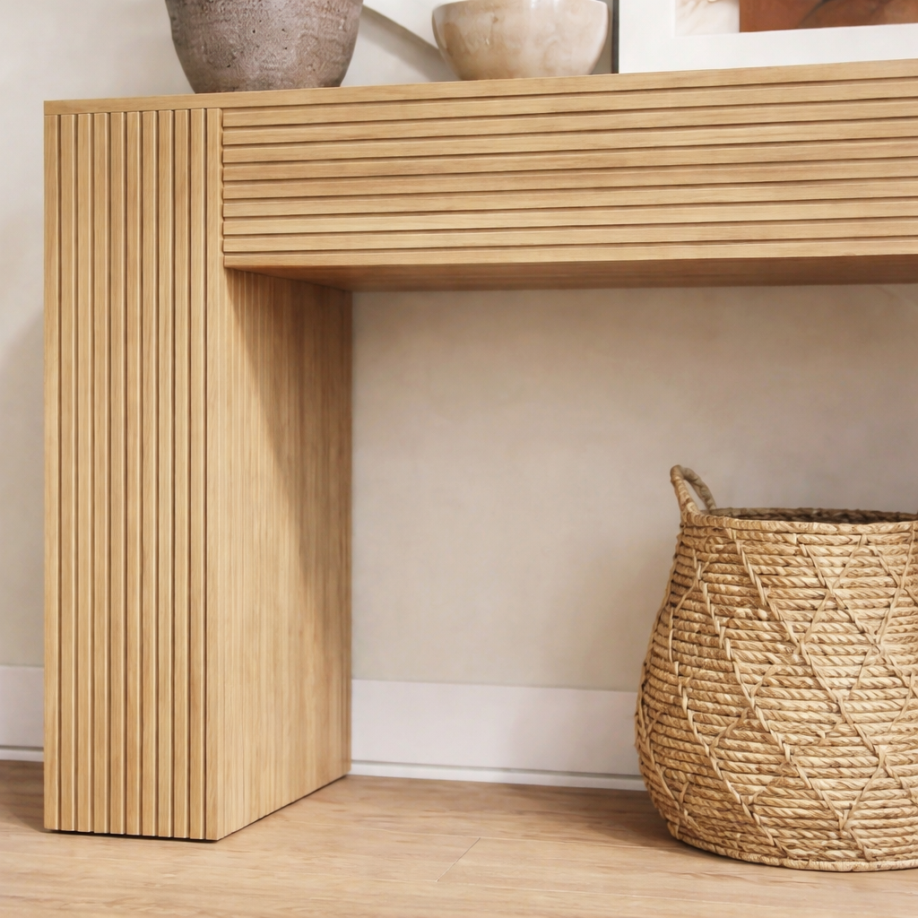 Modern Natural Wood Console Table With Ribbed Front And Open Storage For Living Room