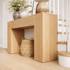 Modern Natural Wood Console Table With Ribbed Front And Open Storage For Living Room