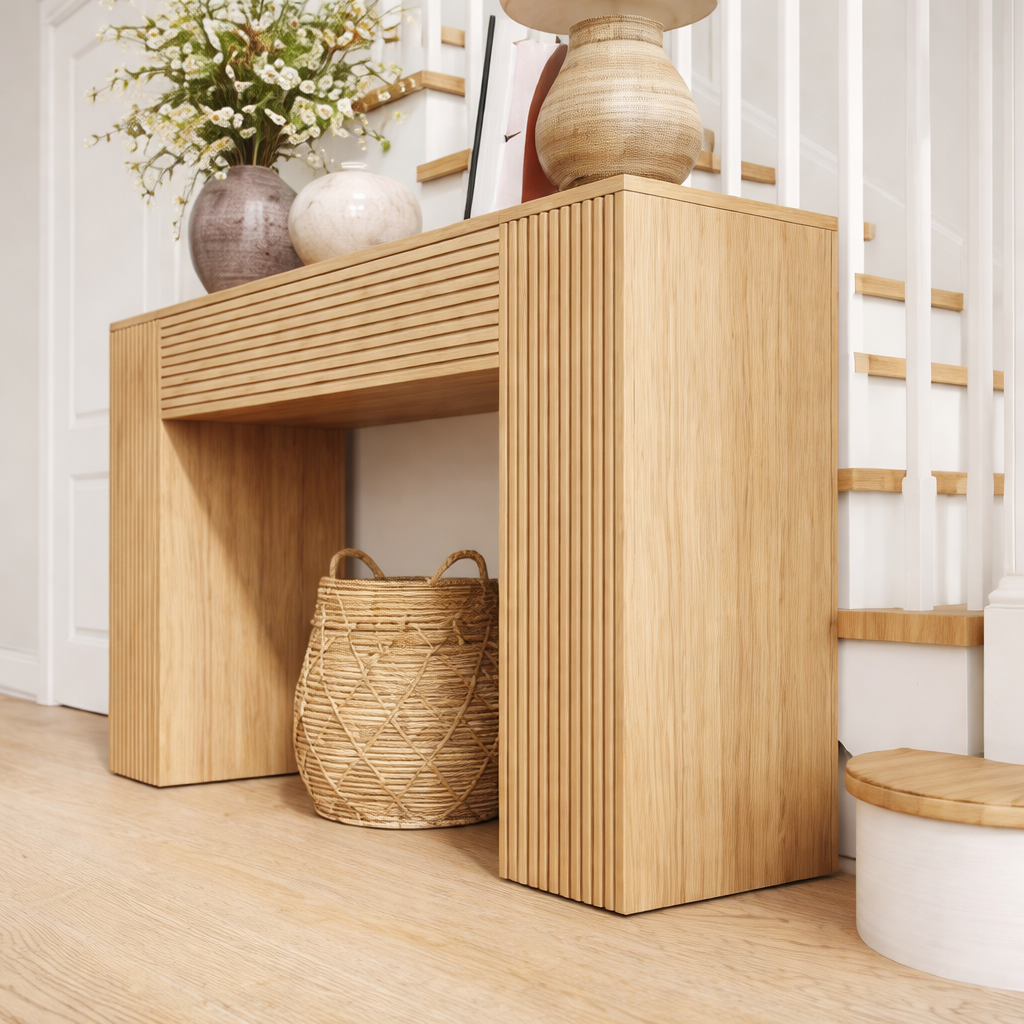 Modern Natural Wood Console Table With Ribbed Front And Open Storage For Living Room
