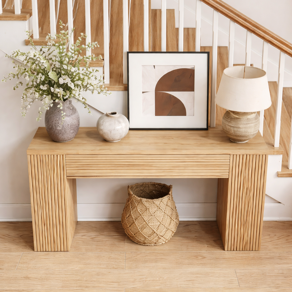 Modern Natural Wood Console Table With Ribbed Front And Open Storage For Living Room