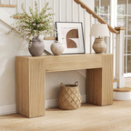Modern Natural Wood Console Table With Ribbed Front And Open Storage For Living Room