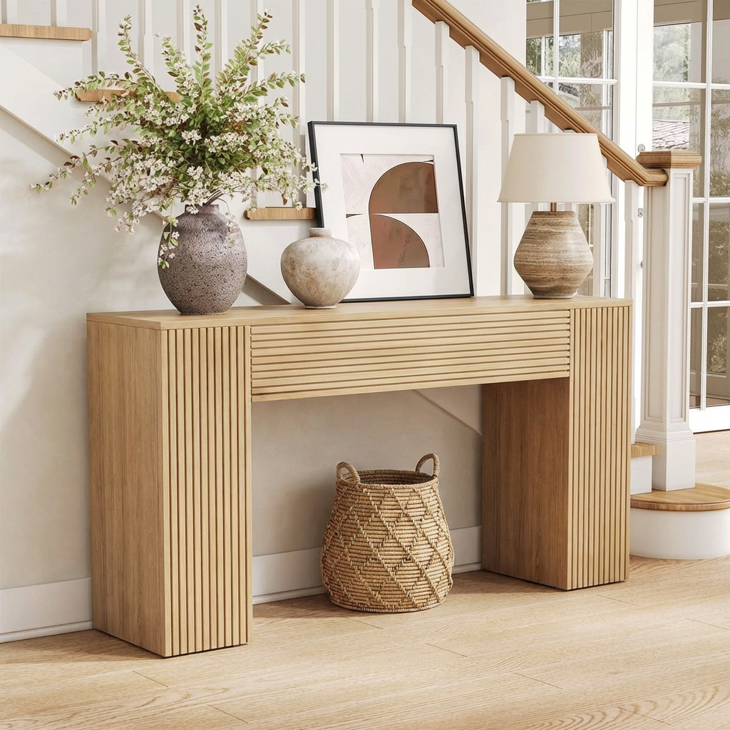 Modern Natural Wood Console Table With Ribbed Front And Open Storage For Living Room