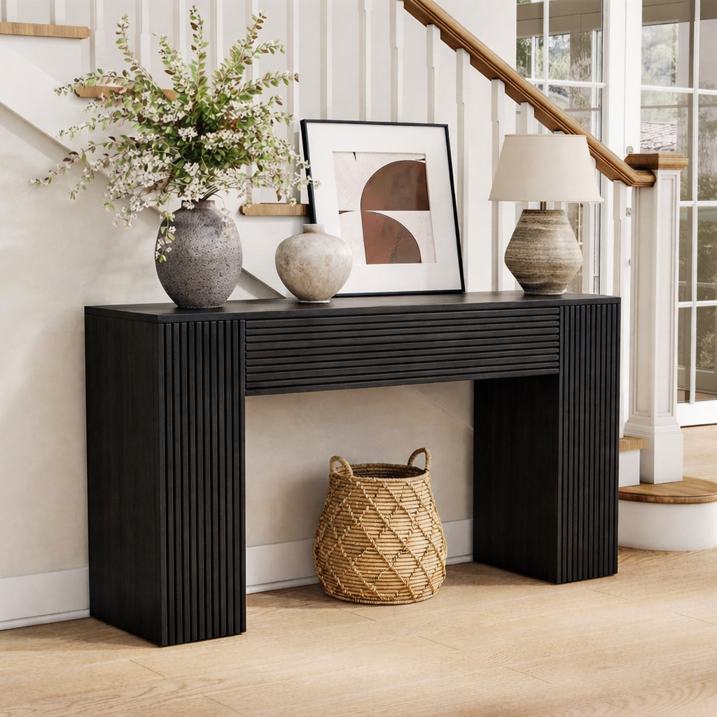 Modern Natural Wood Console Table With Ribbed Front And Open Storage For Living Room