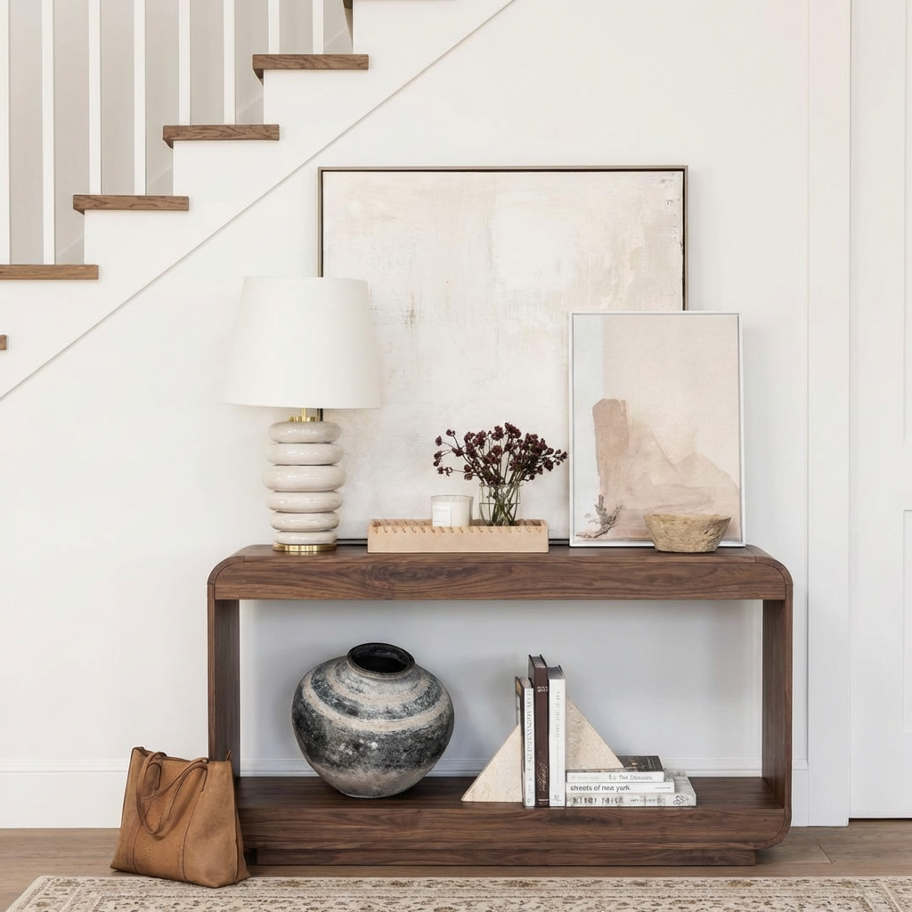 Modern Natural Wood Console Table With Rounded Edges And Open Shelf For Living Room