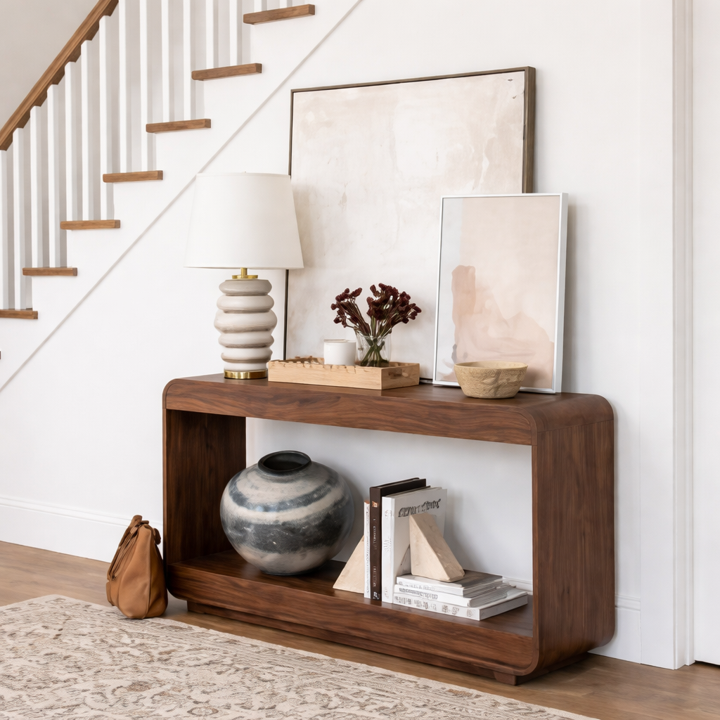 Modern Natural Wood Console Table With Rounded Edges And Open Shelf For Living Room