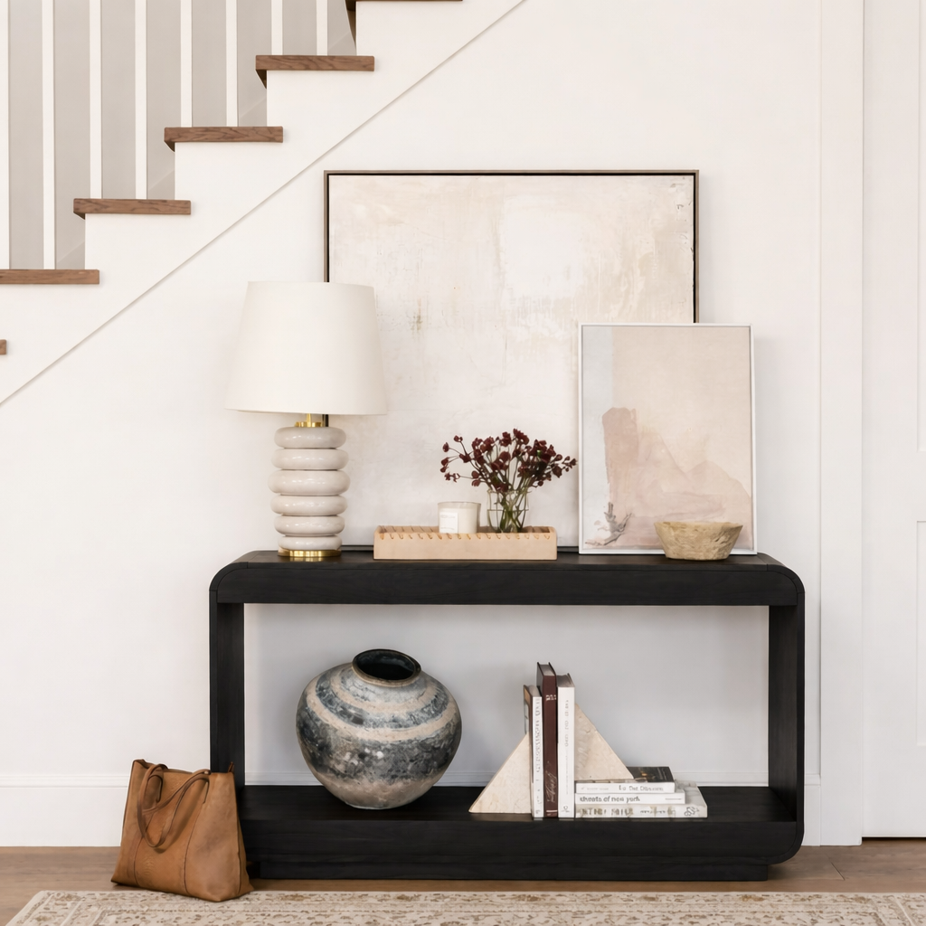 Modern Natural Wood Console Table With Rounded Edges And Open Shelf For Living Room