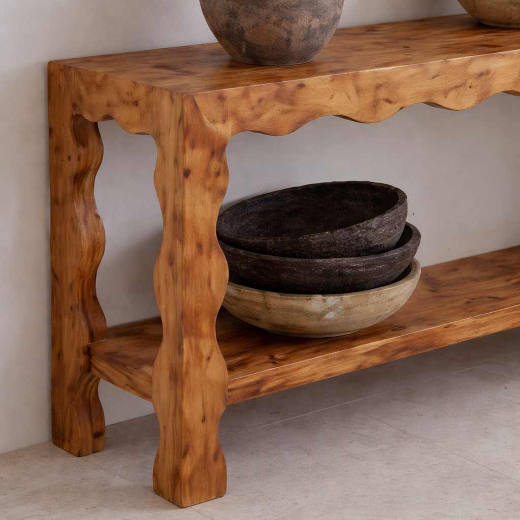 Modern Natural Wood Console Table With Scalloped Edges And Open Shelf For Living Room
