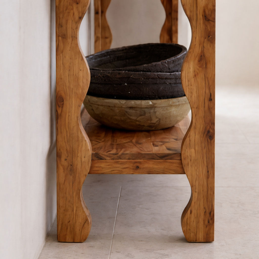 Modern Natural Wood Console Table With Scalloped Edges And Open Shelf For Living Room