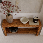 Modern Natural Wood Console Table With Scalloped Edges And Open Shelf For Living Room