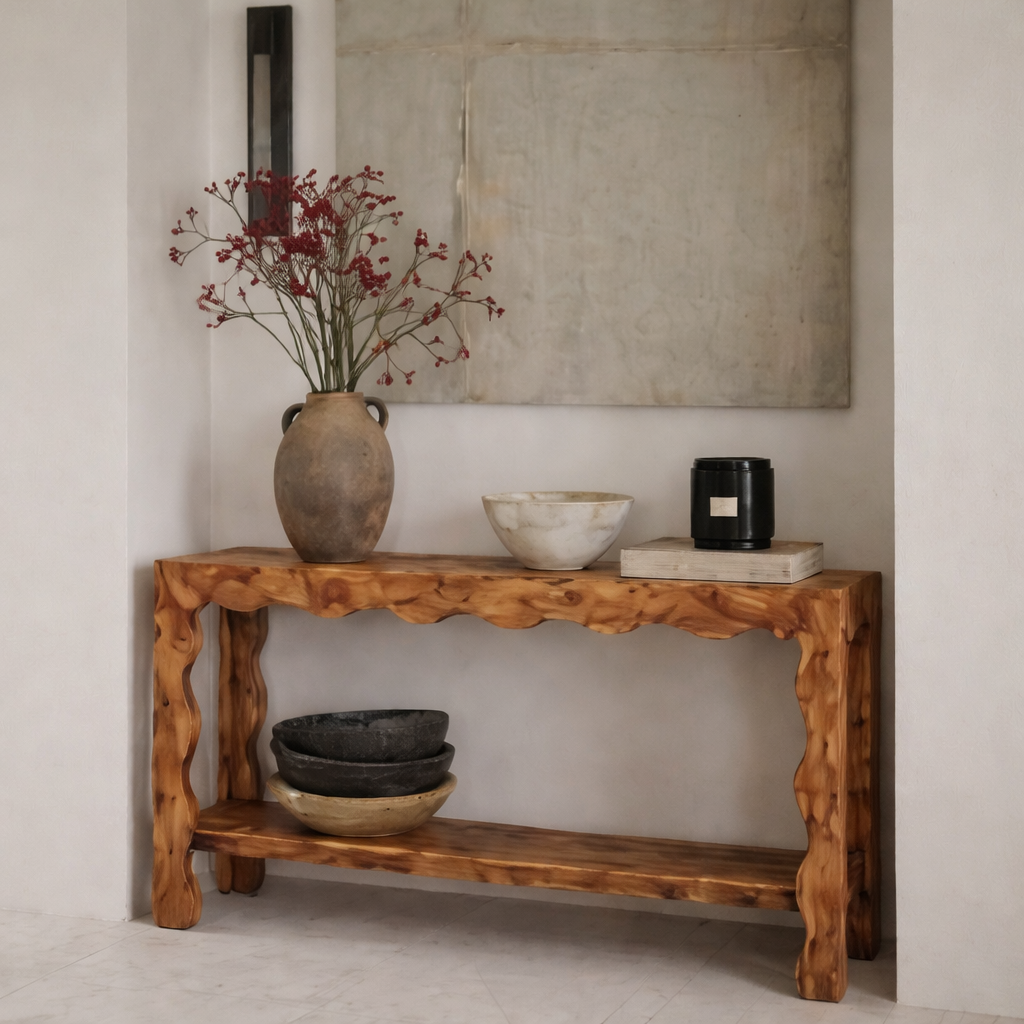 Modern Natural Wood Console Table With Scalloped Edges And Open Shelf For Living Room