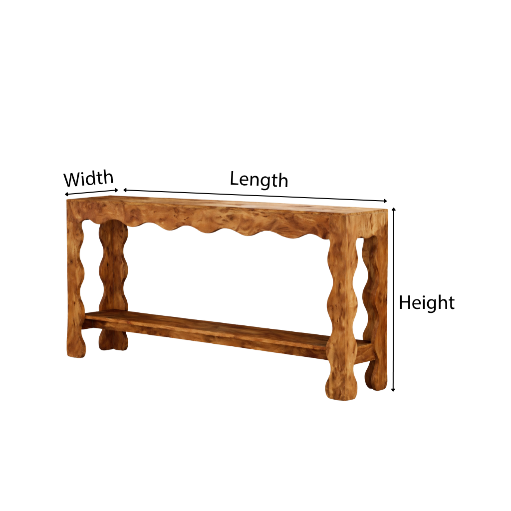 Modern Natural Wood Console Table With Scalloped Edges And Open Shelf For Living Room