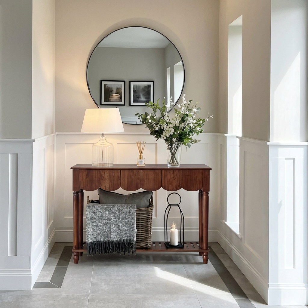 Modern Natural Wood Console Table With Scalloped Edges For Living Room