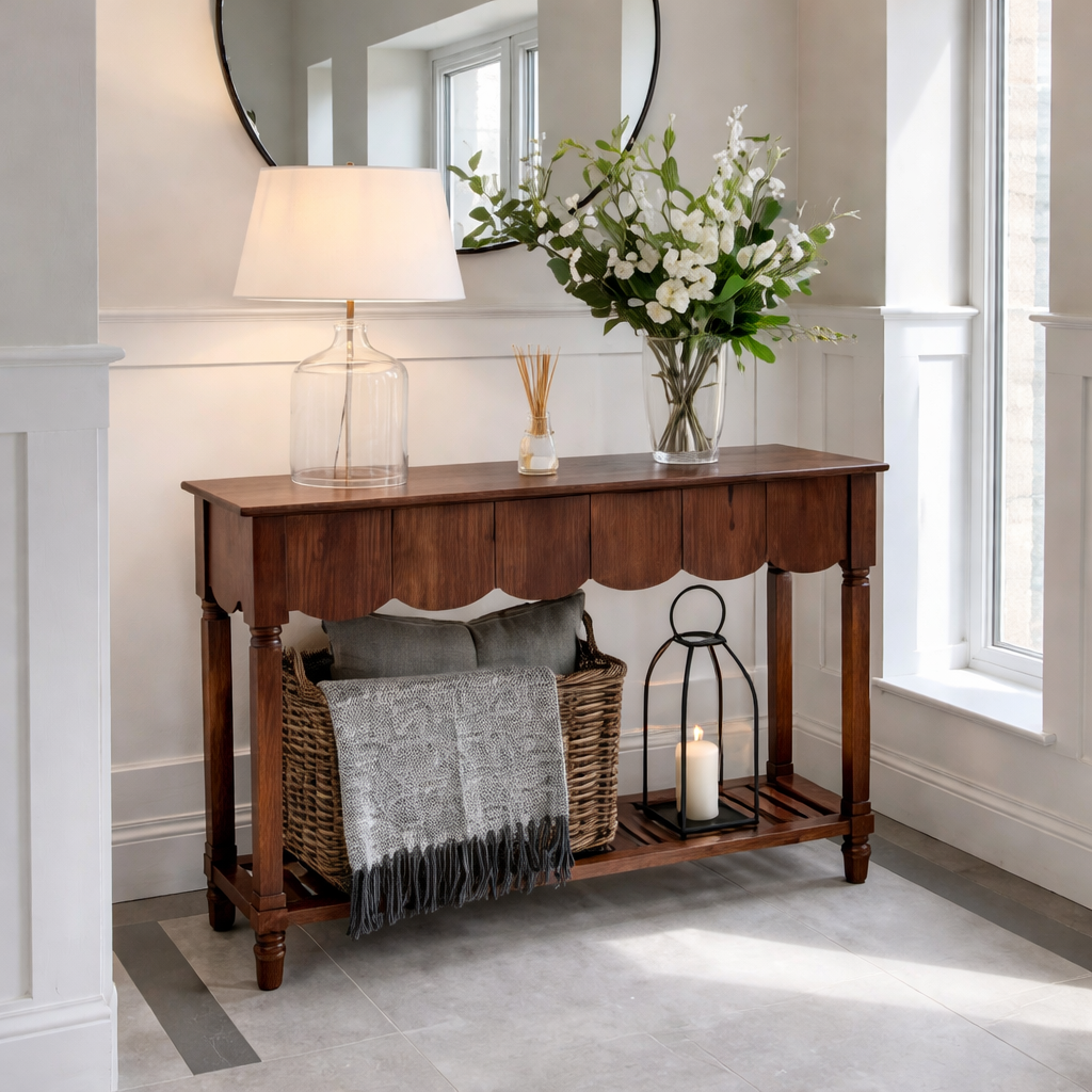 Modern Natural Wood Console Table With Scalloped Edges For Living Room
