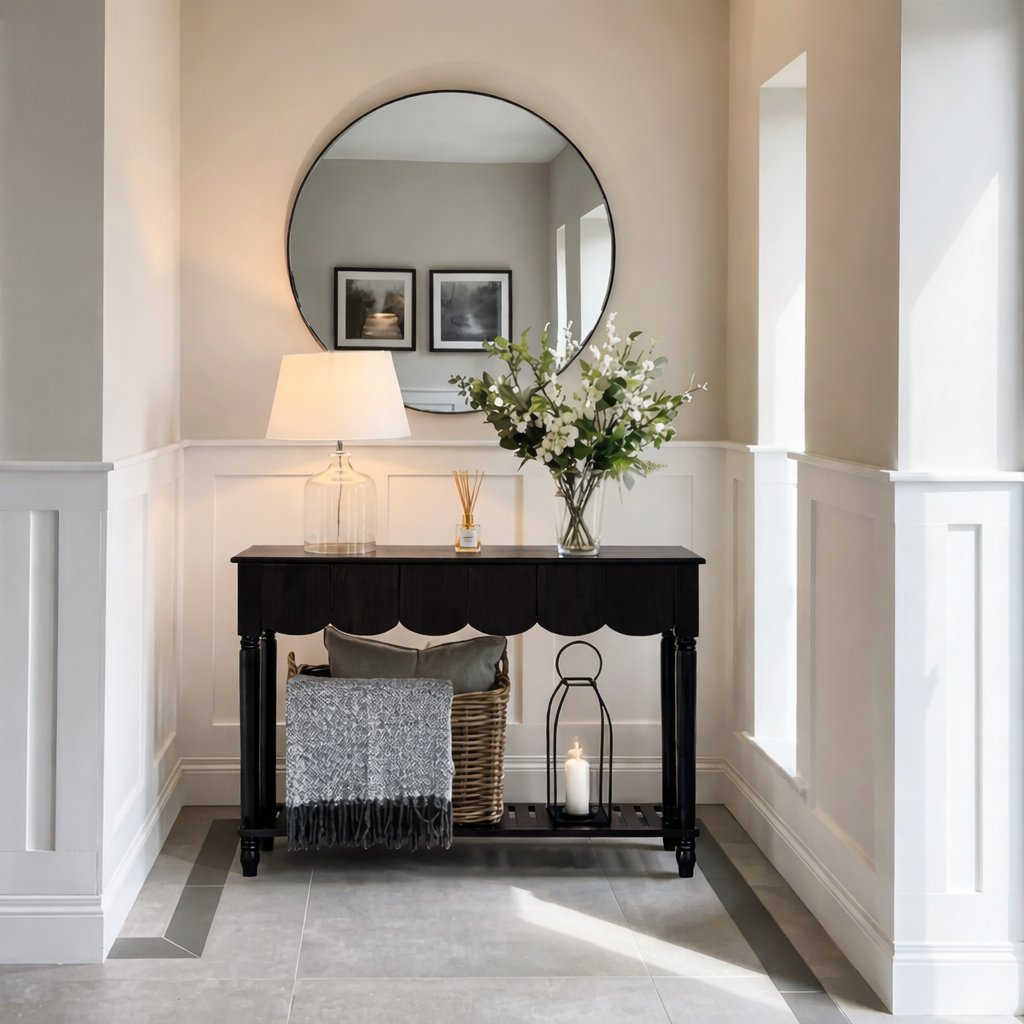 Modern Natural Wood Console Table With Scalloped Edges For Living Room