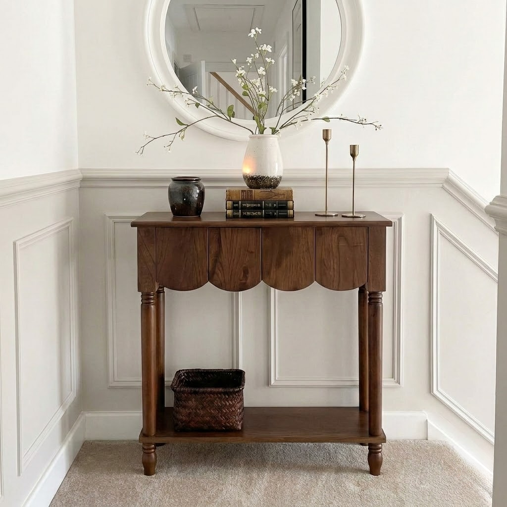 Modern Natural Wood Console Table With Scalloped Edges For Living Room