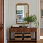 Modern Natural Wood Console Table With Scalloped Front And Storage Shelf For Living Room
