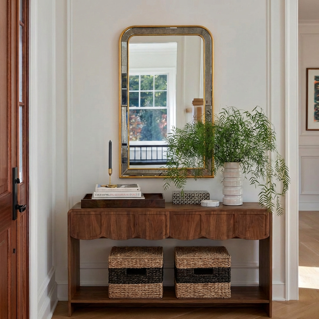 Modern Natural Wood Console Table With Scalloped Front And Storage Shelf For Living Room