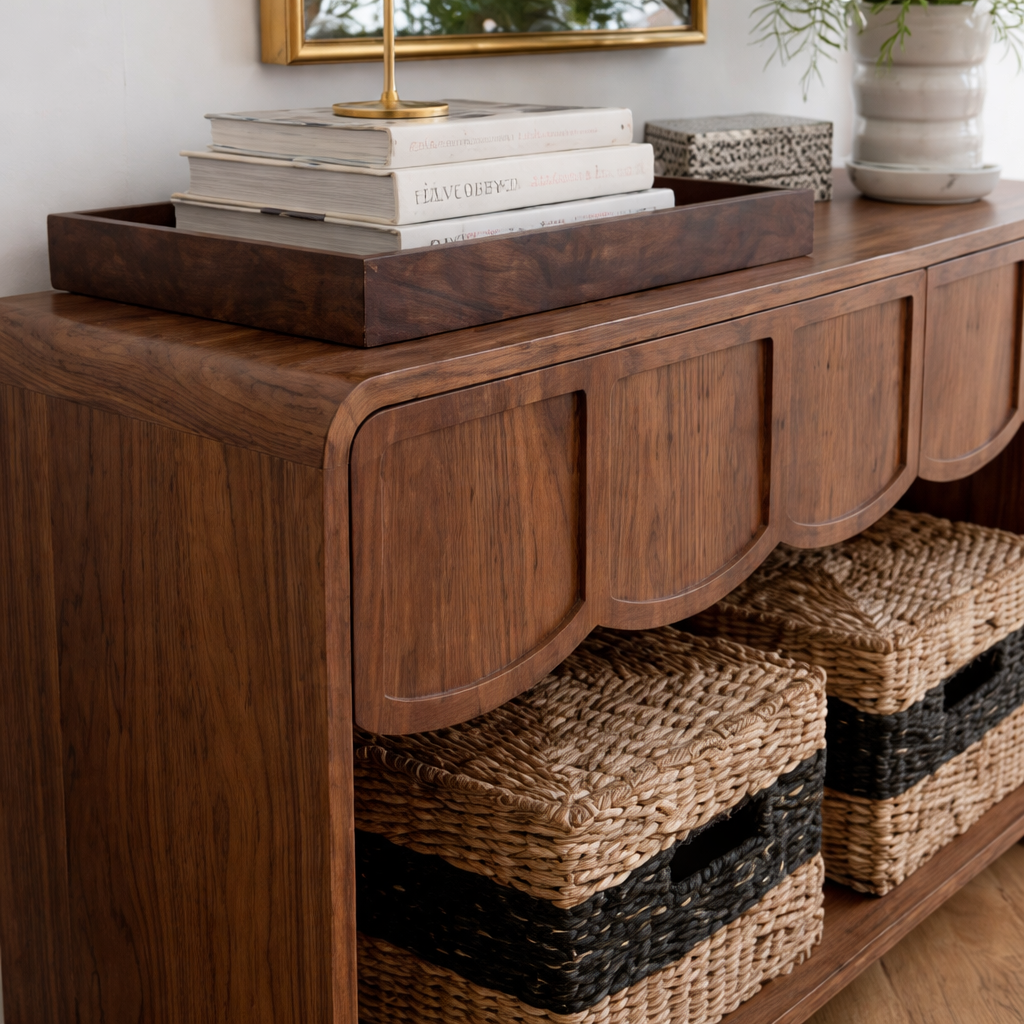 Modern Natural Wood Console Table With Scalloped Front And Storage Shelf For Living Room