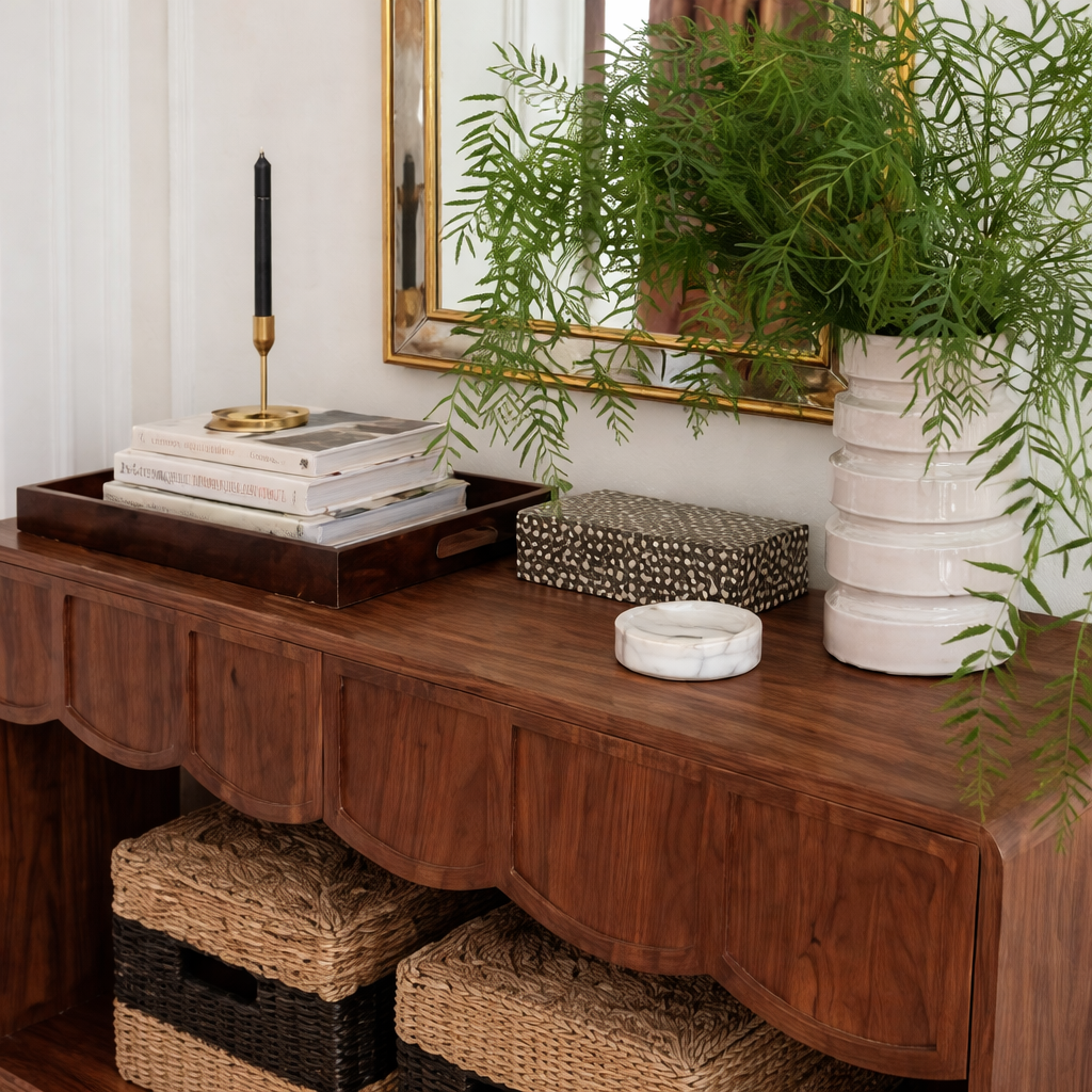 Modern Natural Wood Console Table With Scalloped Front And Storage Shelf For Living Room