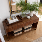Modern Natural Wood Console Table With Scalloped Front And Storage Shelf For Living Room