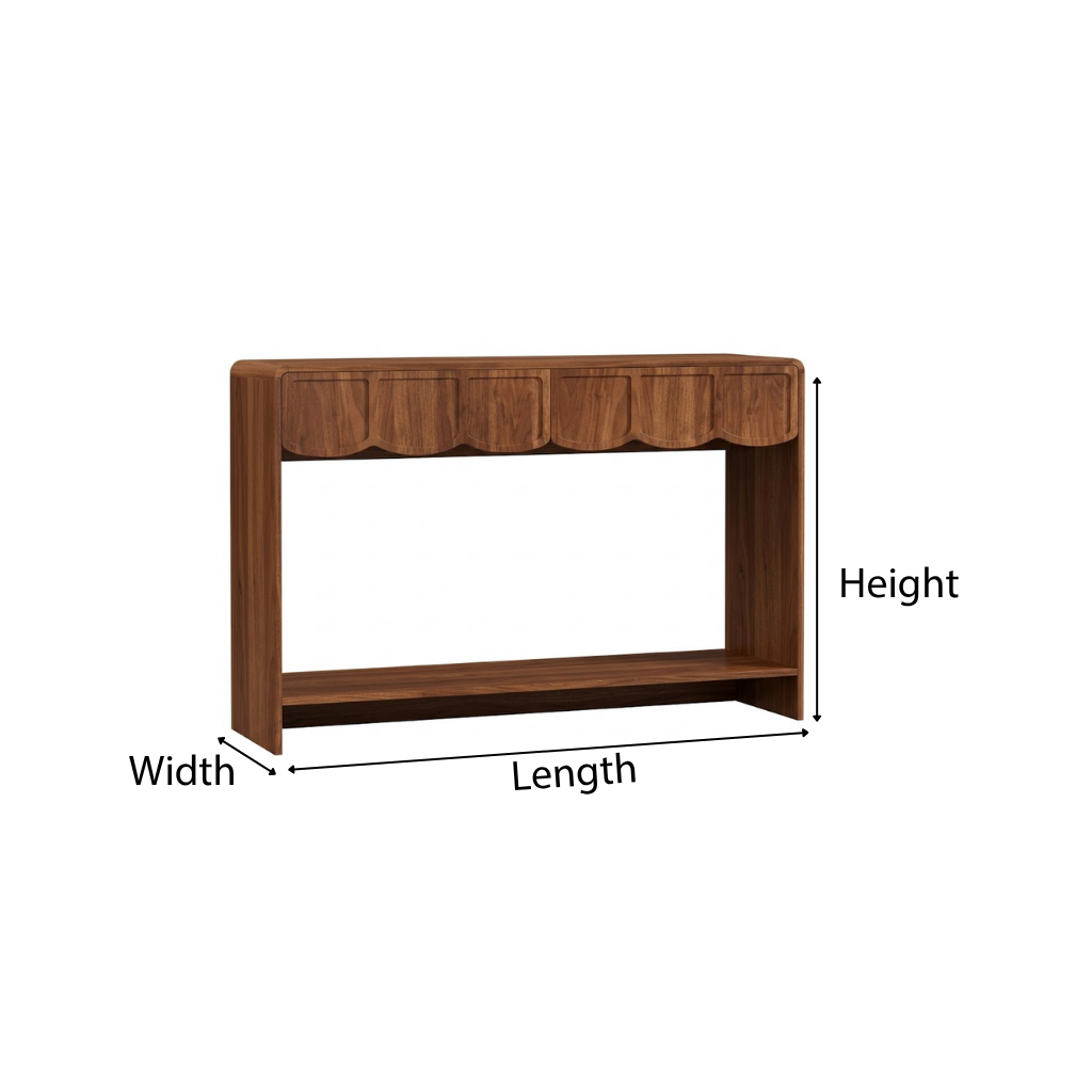 Modern Natural Wood Console Table With Scalloped Front And Storage Shelf For Living Room