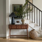 Modern Natural Wood Console Table With Textured Front And Open Shelf For Living Room