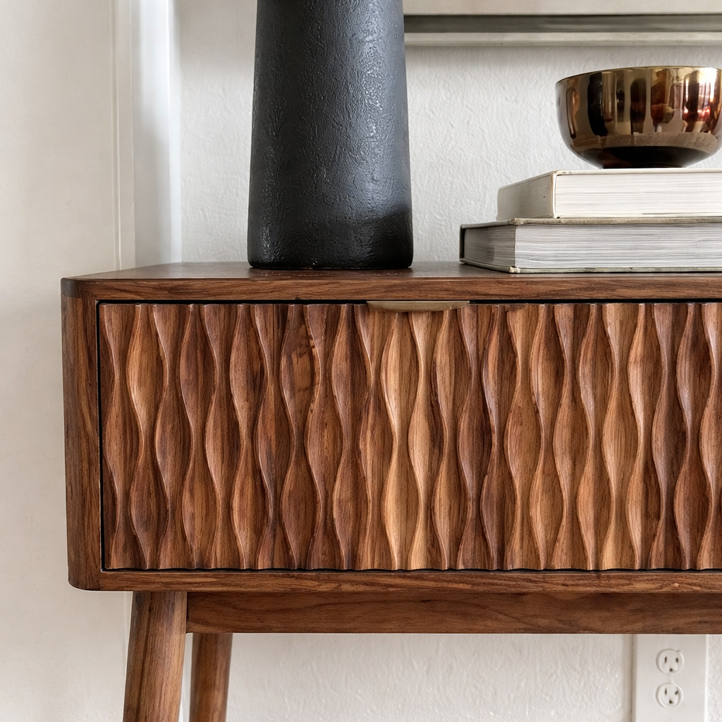 Modern Natural Wood Console Table With Textured Front And Open Shelf For Living Room